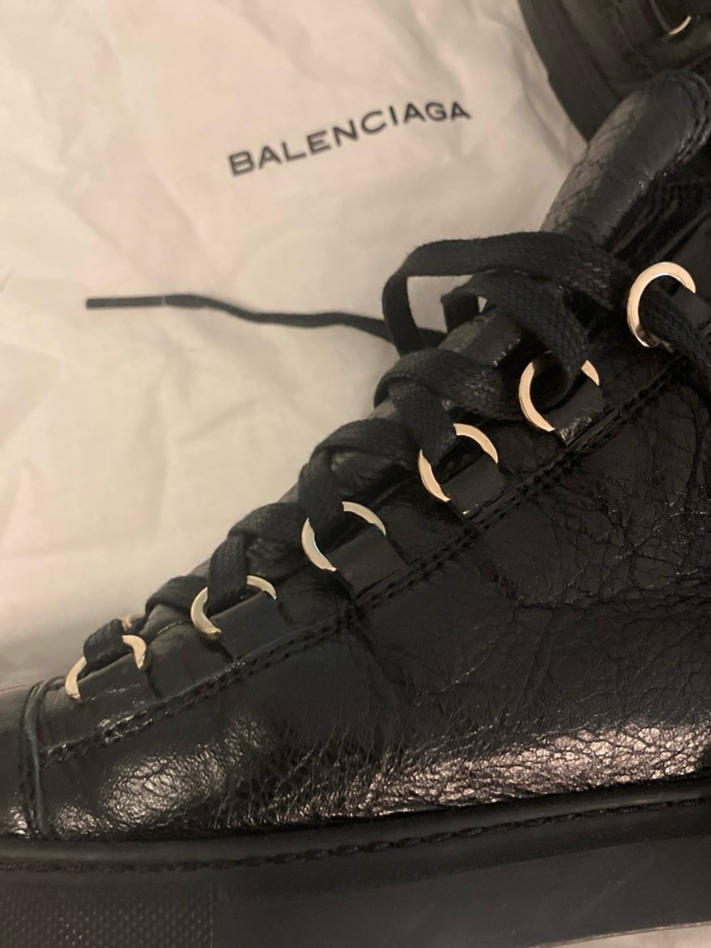 Balenciaga Black Leather Men’s Low-Top Sneaker with Gold Eyelets